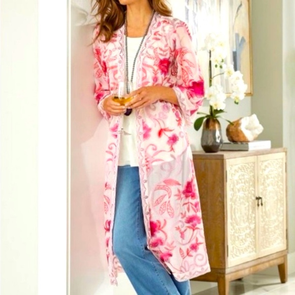 NWT Soft Surroundings Palisade Pink Sheer Embroidered Robe Caftan Topper Jacket